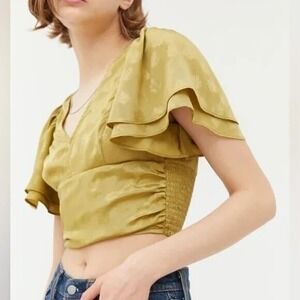 Urban Outfitters Jacquard flutter Sleeve Crop Top Womens XS Green Smocked Boho